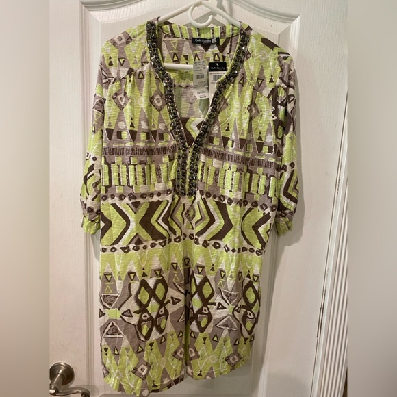 BETTY BARCLAY Elements Geometric Patterned Blouse w/ Beaded Neckline NWT Size 16 - Picture 1 of 8